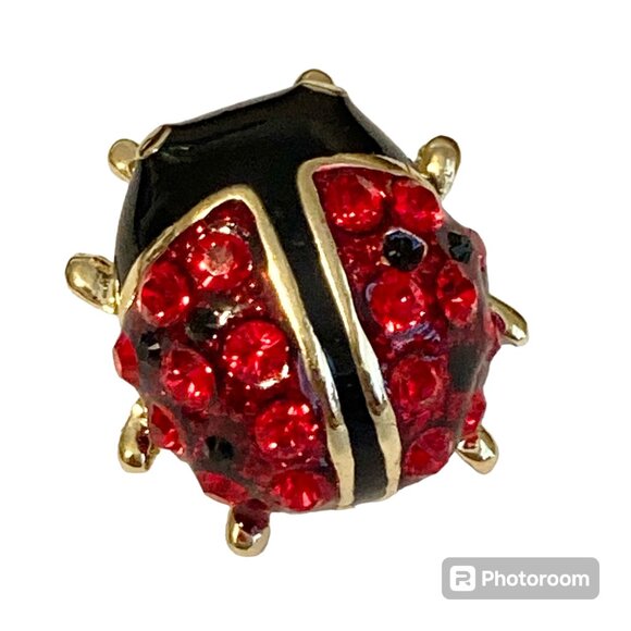 Vintage Ladybug Pin Tie Tac Lapel Hat Crystal Enamel Red Black Gold Plated - Picture 1 of 11